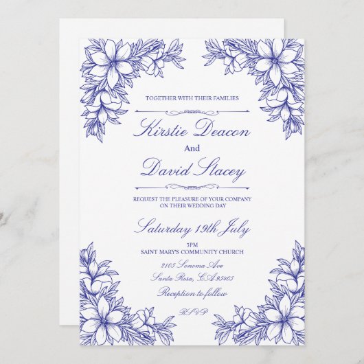 Blauw  Bloemen Bruiloft Uitnodiging (Voorkant / Achterkant)