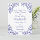 Blauw  Bloemen Bruiloft Uitnodiging (Staand voorkant)