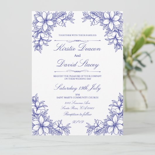 Blauw  Bloemen Bruiloft Uitnodiging (Staand voorkant)