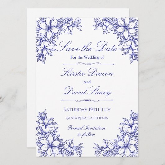 Blauw  Bloemen Bruiloft Uitnodiging (Voorkant / Achterkant)