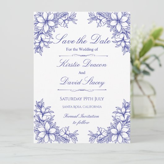 Blauw  Bloemen Bruiloft Uitnodiging (Staand voorkant)