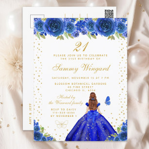 Blauw Bloemen Bruin Haar Prinses Verjaardagsfeest Briefkaart