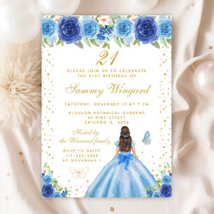 Blauw Bloemen Brunette Haar Prinses Verjaardagsfee Kaart