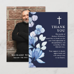 Blauw Bloemen Christelijk Viering van het Leven Fo Bedankkaart