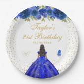 Blauw Bloemen Donkere Huid Prinses Verjaardagsfees Papieren Bordje (Voorkant)