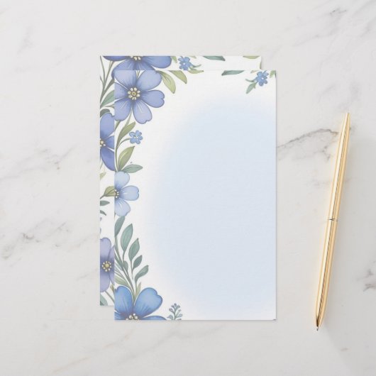 Blauw Bloemen Elegantie Stationery Set Briefpapier (Voorkant / Achterkant in situ)