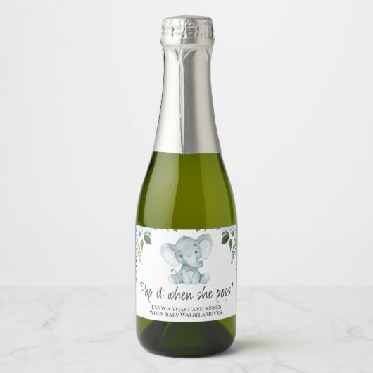 Blauw Bloemen Elephant Baby shower Pop het spranke Sparkling Wijnetiket (Voorkant)