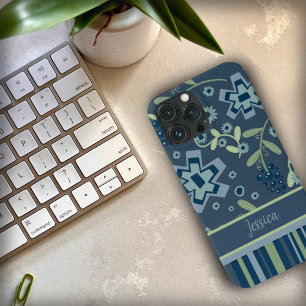  Blauw Bloemen en Streep Custom Inspirivity iPhone 13 Pro Max Hoesje