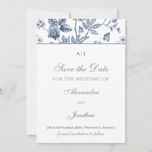 Blauw  Bloemen Frans Bewaar de datum Foto Kaart (Voorkant)