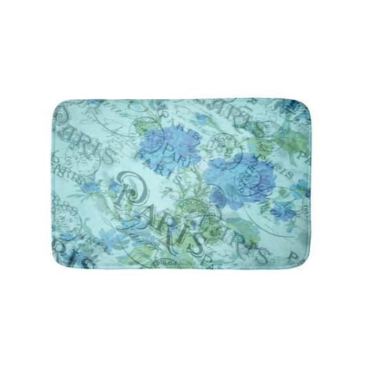 Blauw Bloemen Frans Parijs Postmark Patroon Badmat (Voorkant)