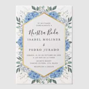Blauw Bloemen Goud Bladeren Nuestra Boda Bruiloft Vellum Uitnodigingen