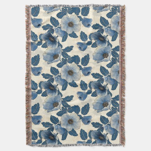 Blauw Bloemen Goud Glitter Japans Ukiyo-e Deken (Voorkant Verticaal)