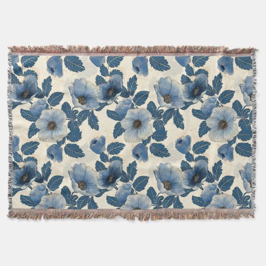 Blauw Bloemen Goud Glitter Japans Ukiyo-e Deken (Voorkant)