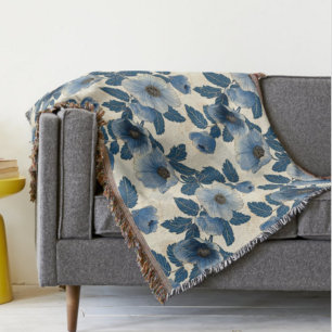 Blauw Bloemen Goud Glitter Japans Ukiyo-e Deken