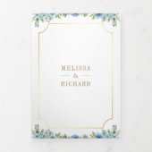 Blauw Bloemen Goud Katholiek Kruis QR Code Huwelij Drieluik Uitnodiging (Cover)