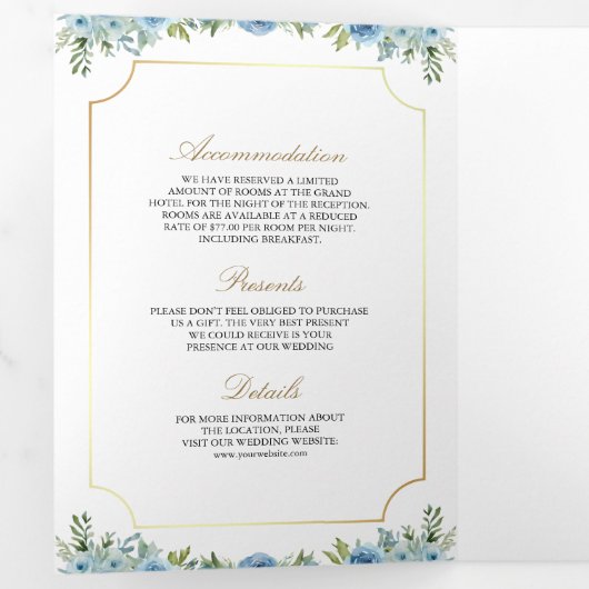 Blauw Bloemen Goud Katholiek Kruis QR Code Huwelij Drieluik Uitnodiging (Binnenzijde eerst)