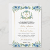 Blauw Bloemen Goud Katholiek Kruis QR Code Huwelij Kaart (Voorkant)