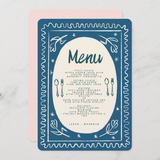 Blauw Bloemen Handschrift Modern Bruiloft Menu Kaart (Voorkant / Achterkant)