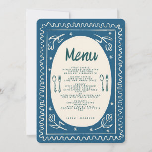Blauw Bloemen Handschrift Modern Bruiloft Menu Kaart