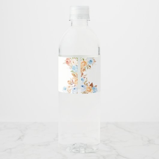 Blauw Bloemen Herfst pompoen Baby shower Waterfles Etiket (Achterkant)