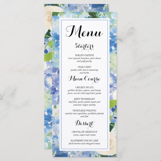Blauw Bloemen Hydrangea Menu Kaarten (Voorkant / Achterkant)