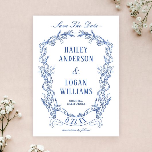 Blauw Bloemen Lijst Bruiloft Save The Date