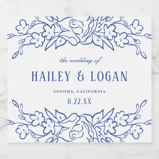  Blauw Bloemen Lijst Elegant Bruiloft Sparkling Wijnetiket (Enkel label)