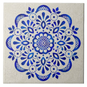 Blauw Bloemen Mandala Keramische Tegel. Tegeltje