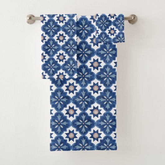 Blauw Bloemen Marokkaanse Tegel Patroon Bad Handdoek (Insitu)