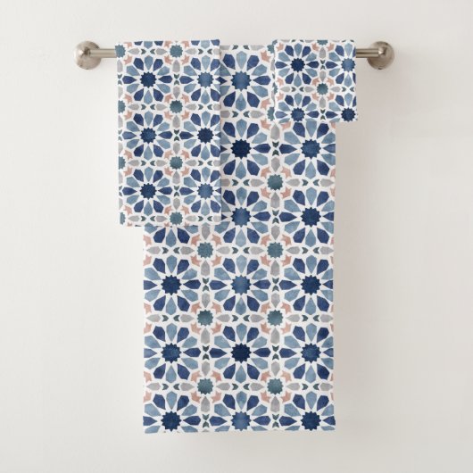 Blauw Bloemen Marokkaanse Tegel Patroon Bad Handdoek (Insitu)