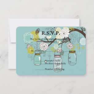 Blauw Bloemen Mason Jars Bruiloft RSVP Kaartje