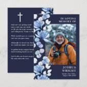 Blauw Bloemen Memorial begrafenis gebed foto kaart (Voorkant / Achterkant)