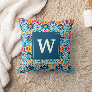 Blauw Bloemen Mexicaans Folk Monogrammed Sierkusse Kussen