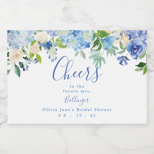 Blauw Bloemen Mini Mousserende Wijn Label, Bruids Sparkling Wijnetiket (Enkel label)