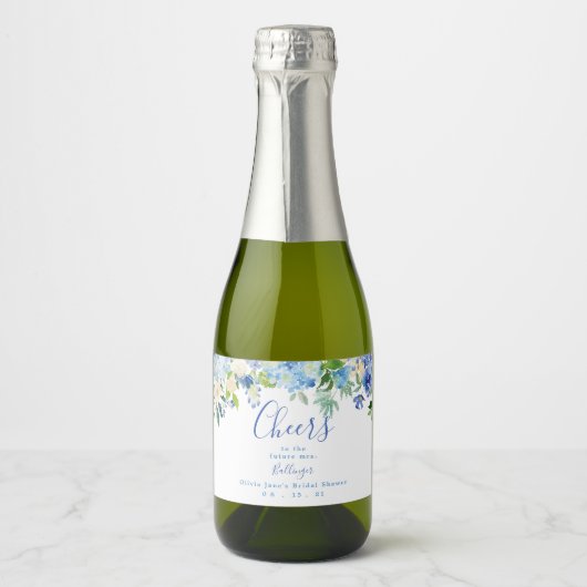 Blauw Bloemen Mini Mousserende Wijn Label, Bruids  Sparkling Wijnetiket (Voorkant)