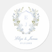 Blauw Bloemen Monogram Kam Bruiloft Envelop Seal Ronde Sticker (Voorkant)