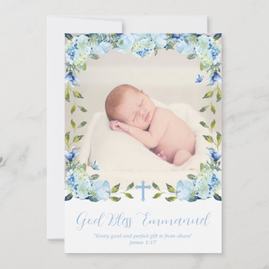 Blauw Bloemen Multiphoto Doop voor Jongens Kaart (Achterkant)