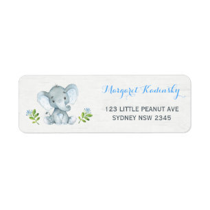 Blauw Bloemen Olifant Baby shower Adreslabel Etiket