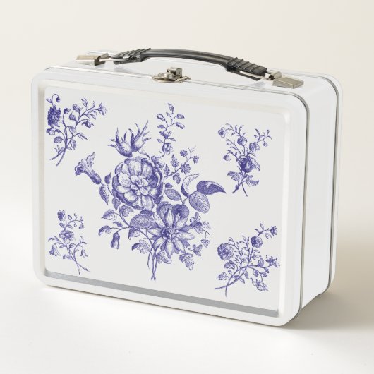 Blauw Bloemen Patroon Metalen Lunchbox (Voorkant)