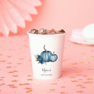 Blauw Bloemen Pompoen Baby shower Papieren Bekers