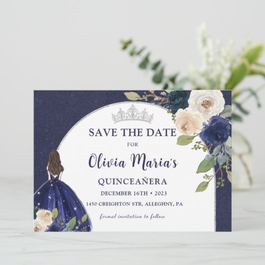 Blauw Bloemen Prinses Quinceañera Save The Date (Staand voorkant)