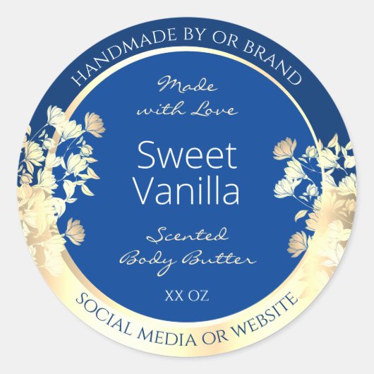 Blauw Bloemen Product Verpakkingsetiketten Gouden Ronde Sticker (Voorkant)