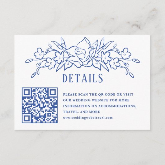 Blauw Bloemen QR Code Bruiloft Details Informatiekaartje (Voorkant)