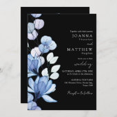 Blauw Bloemen QR Code Zwart-wit Bruiloft Kaart (Voorkant / Achterkant)