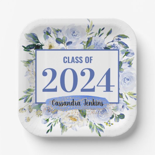 Blauw Bloemen Roos Afstuderen Jaar Papieren Bordje (Voorkant)