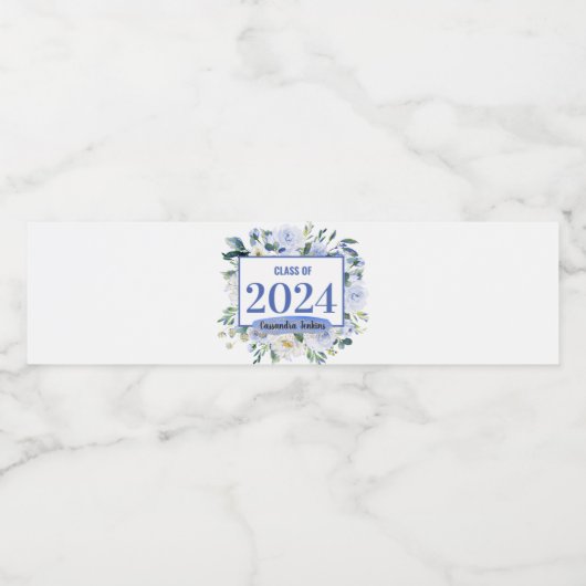Blauw Bloemen Roos Afstuderen Jaar Waterfles Etiket (Enkel label)
