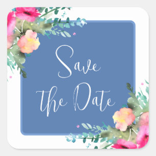 Blauw Bloemen Roze Rosebud Bruiloft Save the Date Vierkante Sticker
