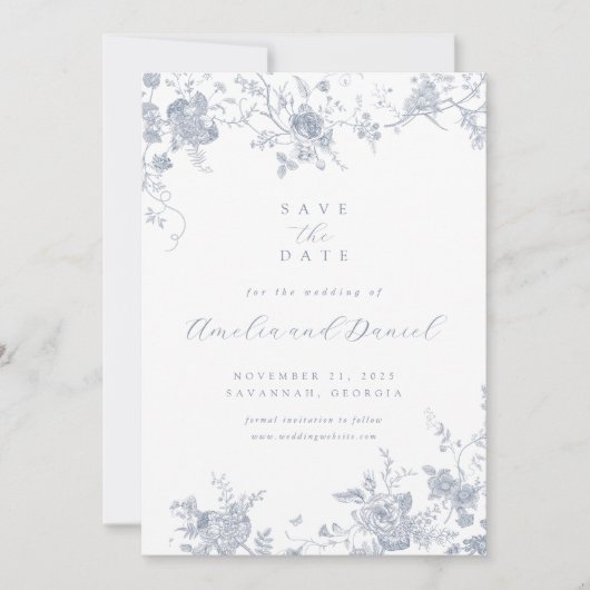 Blauw  Bloemen Save the Date Kaart (Voorkant)