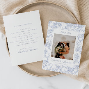 Blauw Bloemen Toile bruiloft Dank u kaart