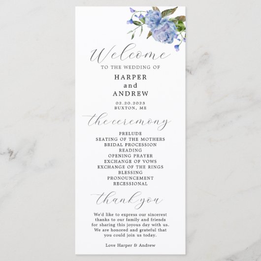 Blauw Bloemen Trouwceremonie Programma (Voorkant)